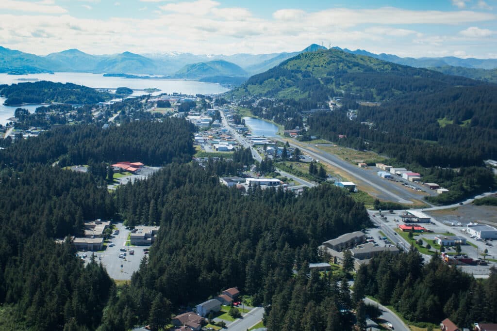 aerial,view,of,the,town,of,kodiak,alaska