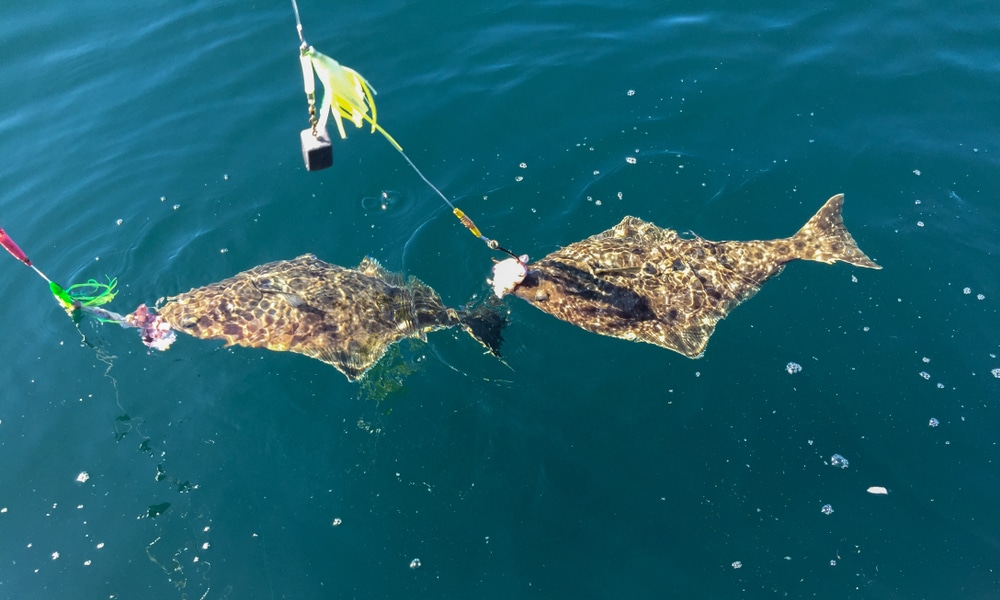 two small halibuts are held at the surface